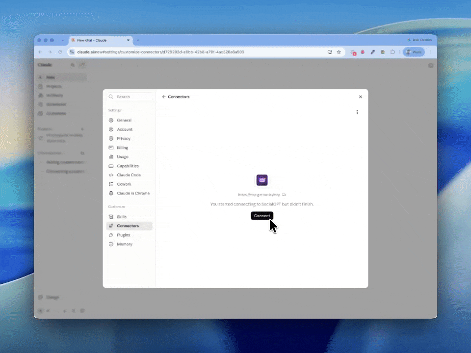 Clicking Connect, then creating a SocialGPT account and approving the connection